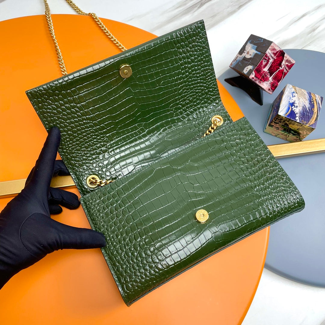 Saint Laurent Kate Tassel Medium Shoulder Bag in Crocodile-Embossed Leather - Green