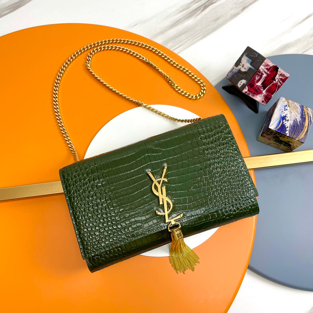 Saint Laurent Kate Tassel Medium Shoulder Bag in Crocodile-Embossed Leather - Green