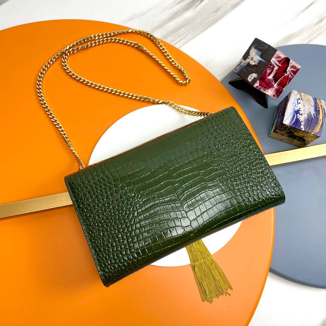Saint Laurent Kate Tassel Medium Shoulder Bag in Crocodile-Embossed Leather - Green
