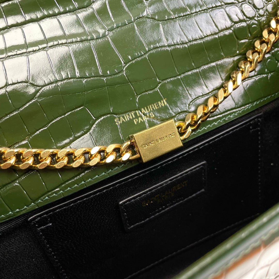 Saint Laurent Kate Tassel Medium Shoulder Bag in Crocodile-Embossed Leather - Green