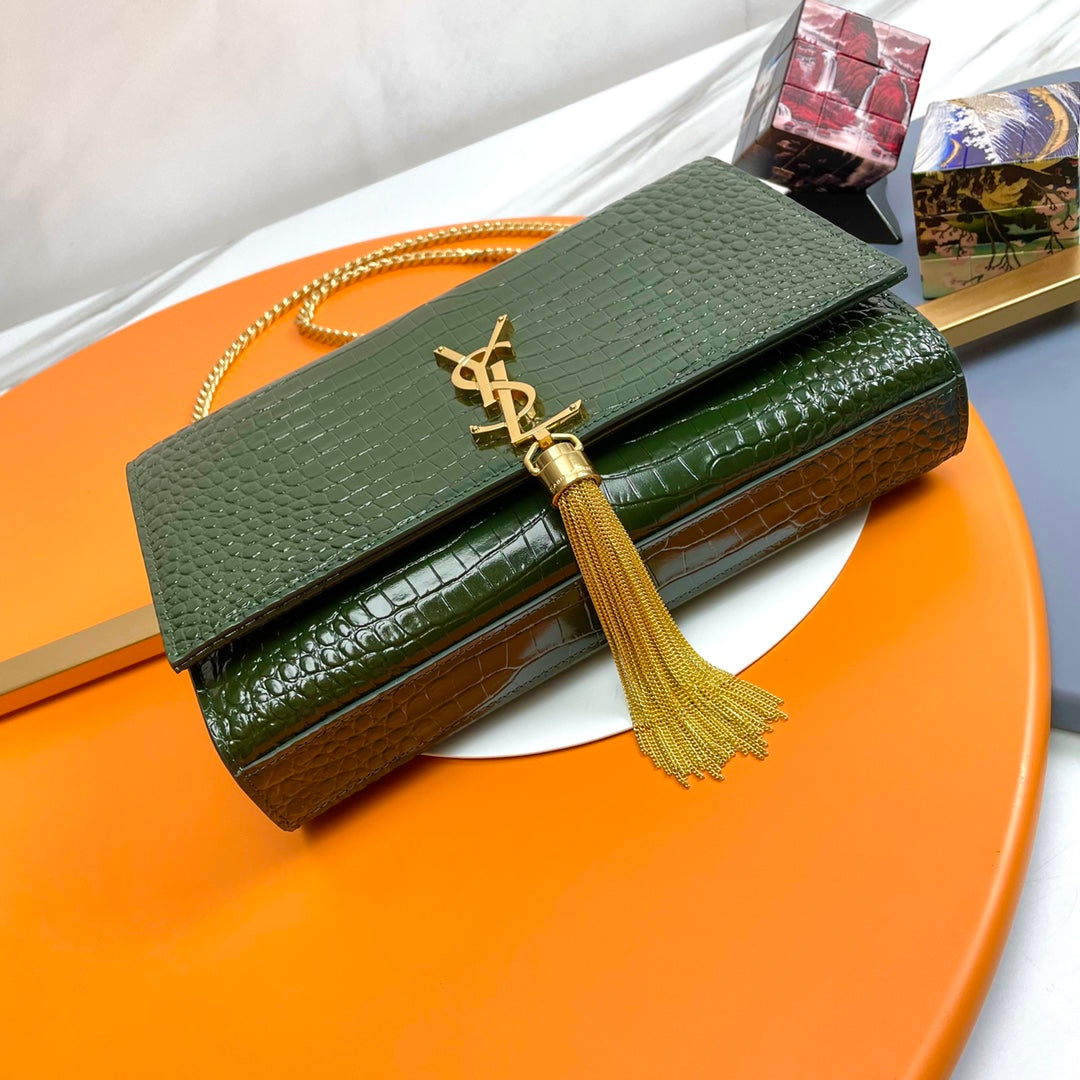 Saint Laurent Kate Tassel Medium Shoulder Bag in Crocodile-Embossed Leather - Green