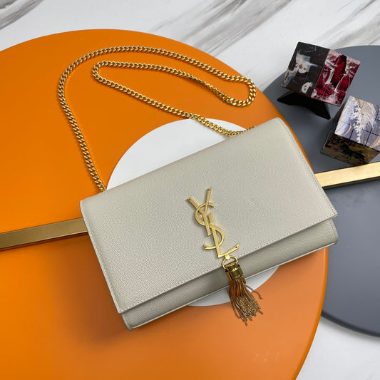 Saint Laurent Kate Small Chain Wallet with Tassel - Beige Leather