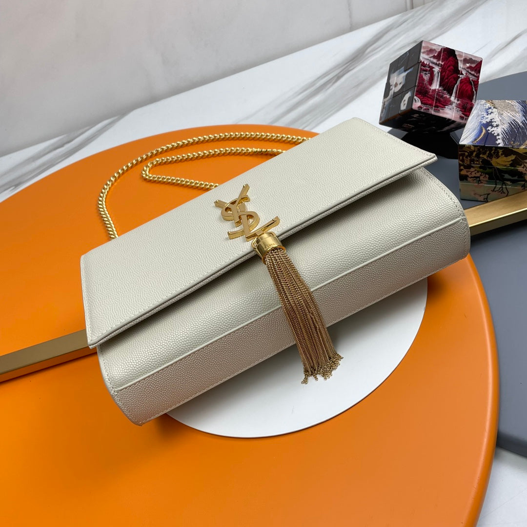 Saint Laurent Kate Small Chain Wallet with Tassel - Beige Leather