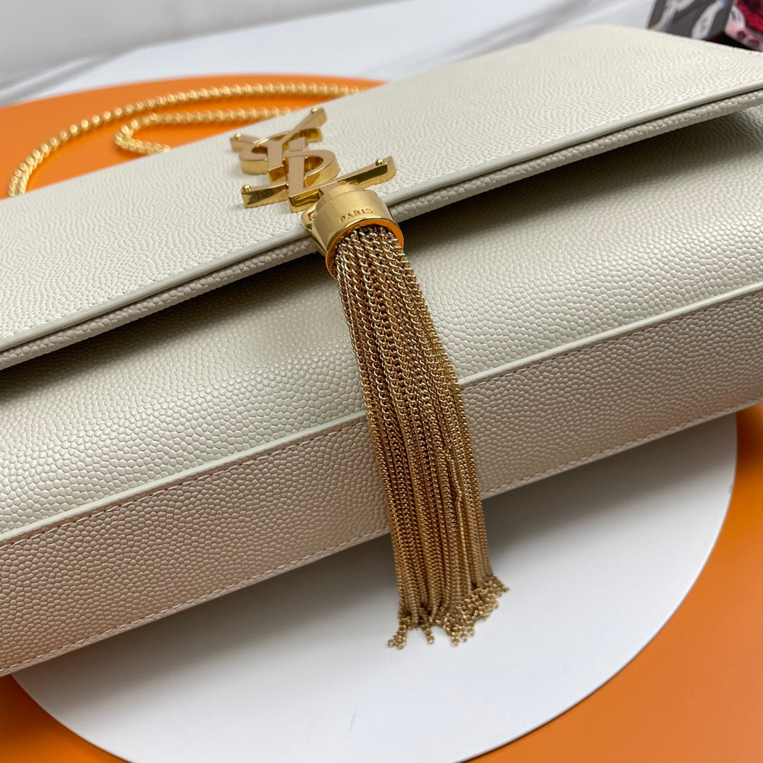 Saint Laurent Kate Small Chain Wallet with Tassel - Beige Leather