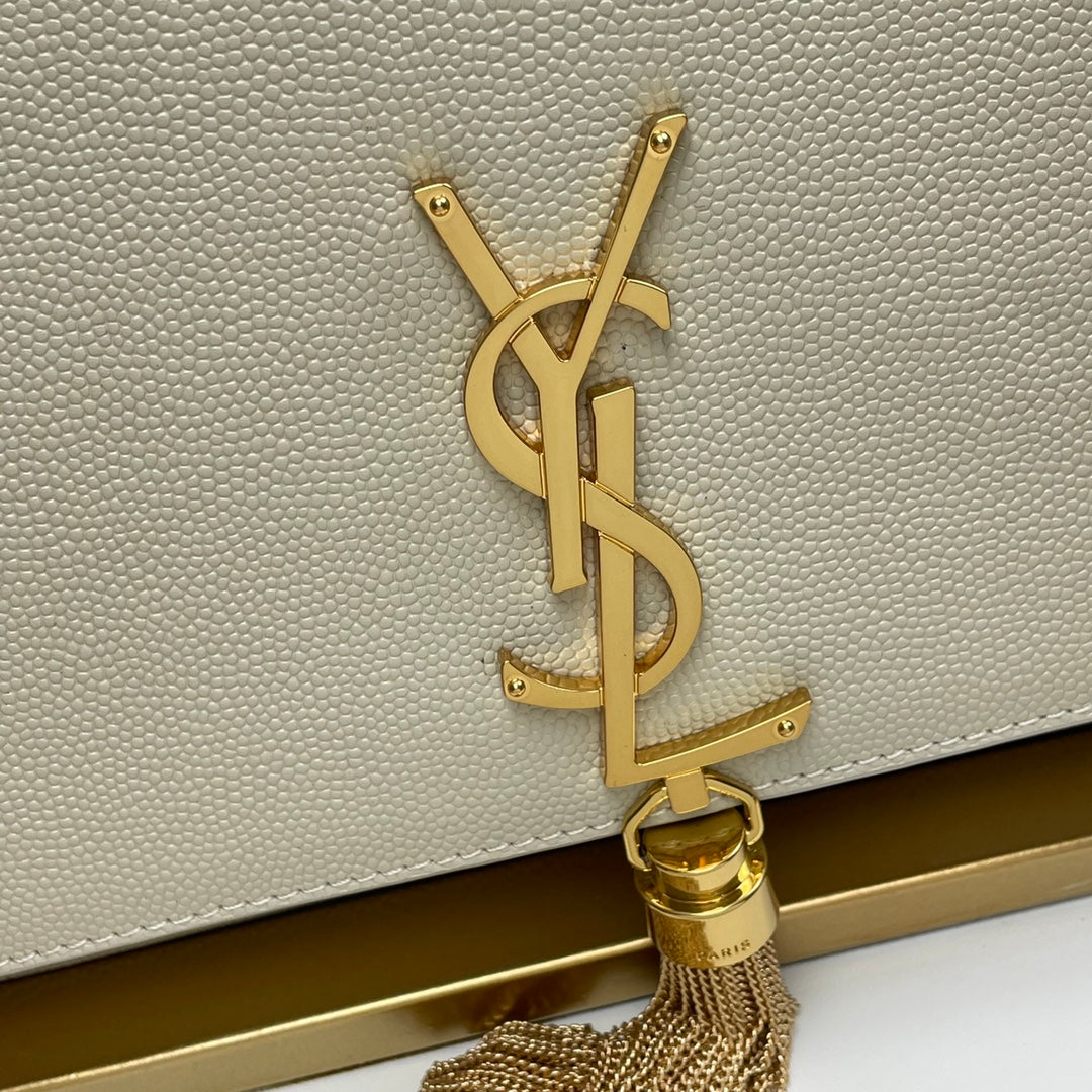 Saint Laurent Kate Small Chain Wallet with Tassel - Beige Leather