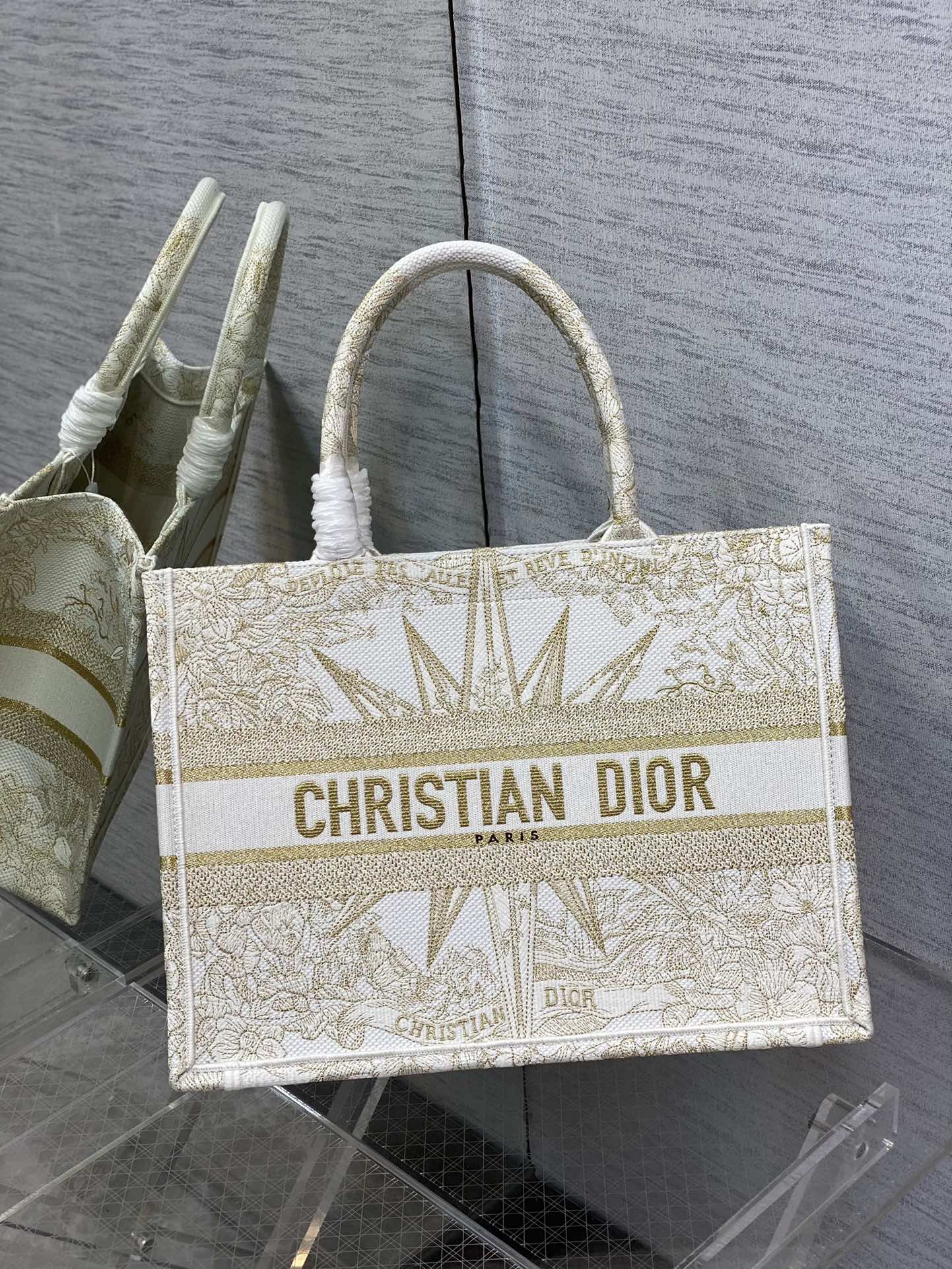 Christian Dior Medium Book Tote - White and Gold Constellation Embroidery