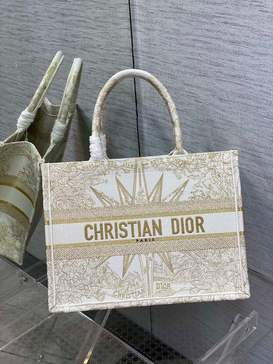 Christian Dior Medium Book Tote - White and Gold Constellation Embroidery