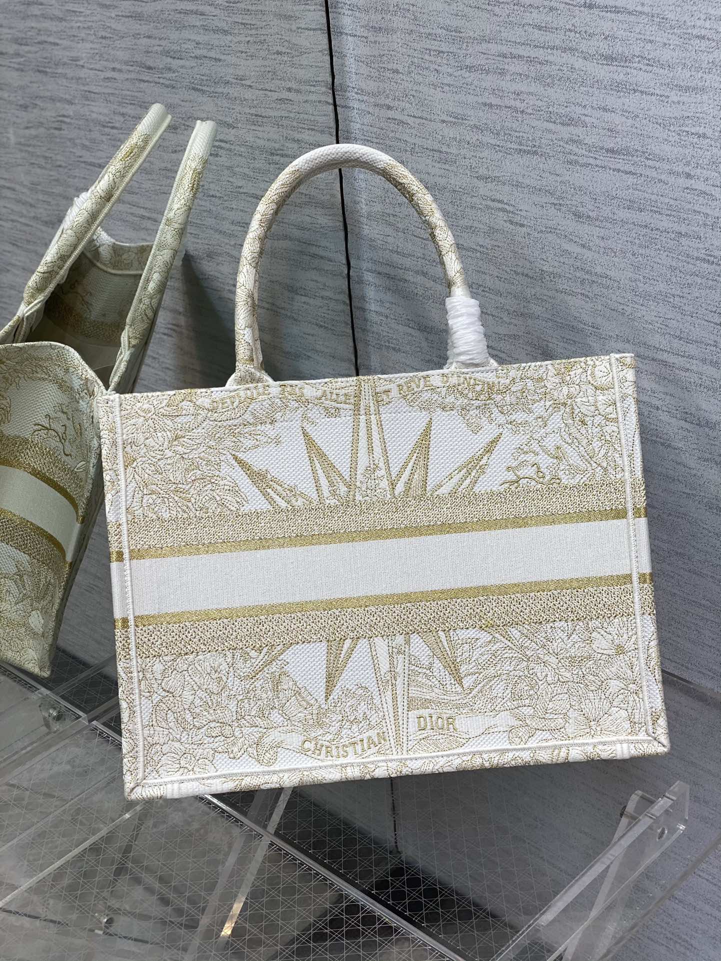 Christian Dior Medium Book Tote - White and Gold Constellation Embroidery