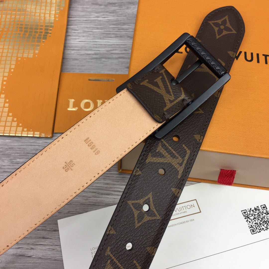 Louis Vuitton Monogram Canvas Belt with Matte Black Frame Buckle - Brown Luxury Men's Leather Belt