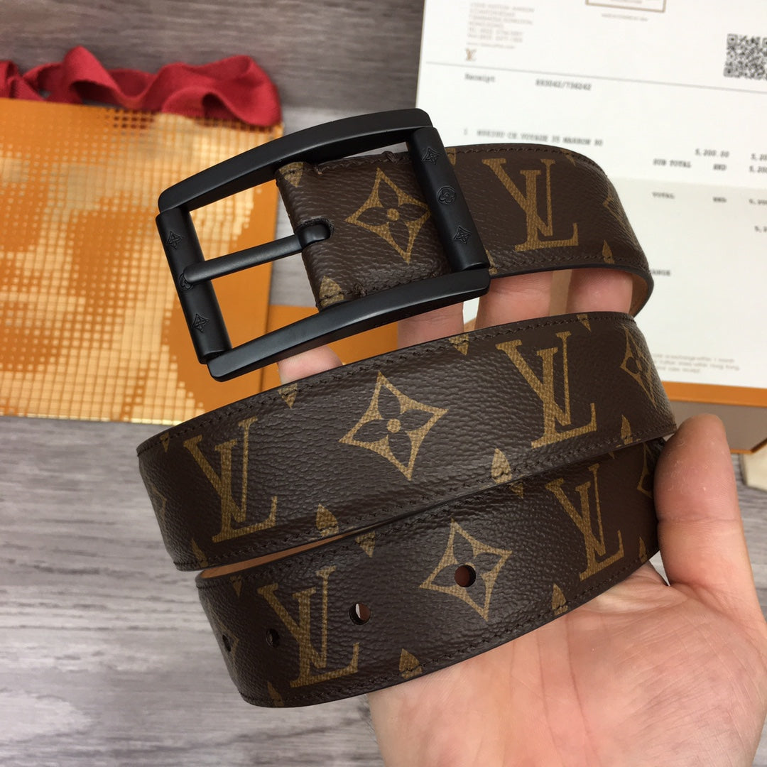 Louis Vuitton Monogram Canvas Belt with Matte Black Frame Buckle - Brown Luxury Men's Leather Belt
