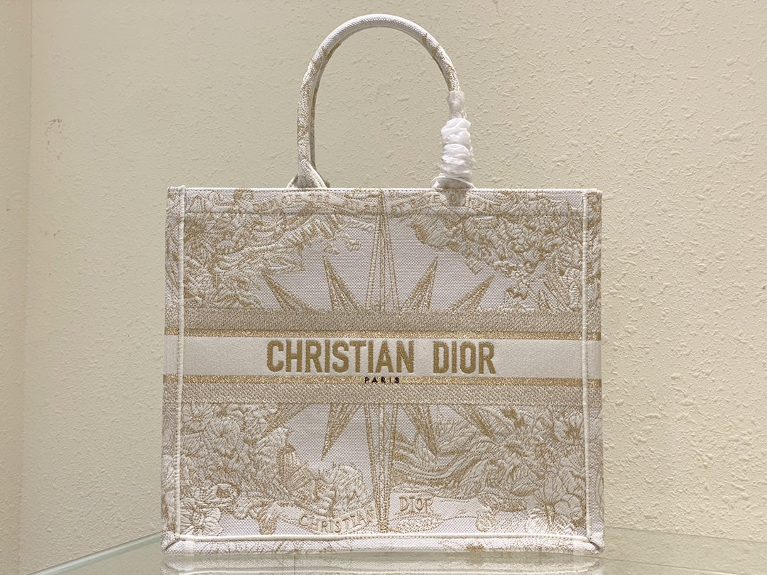 Christian Dior Medium Book Tote - White and Gold-Tone Dior Constellation Embroidery