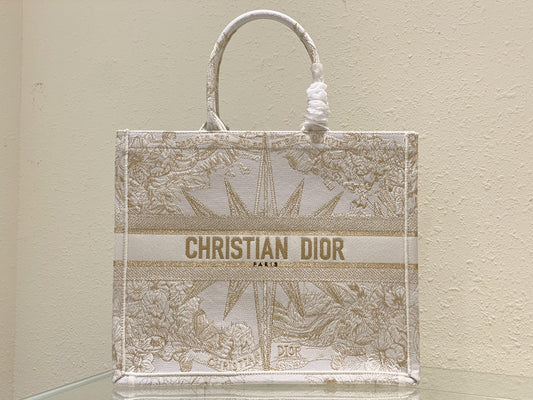 Christian Dior Medium Book Tote - White and Gold-Tone Dior Constellation Embroidery