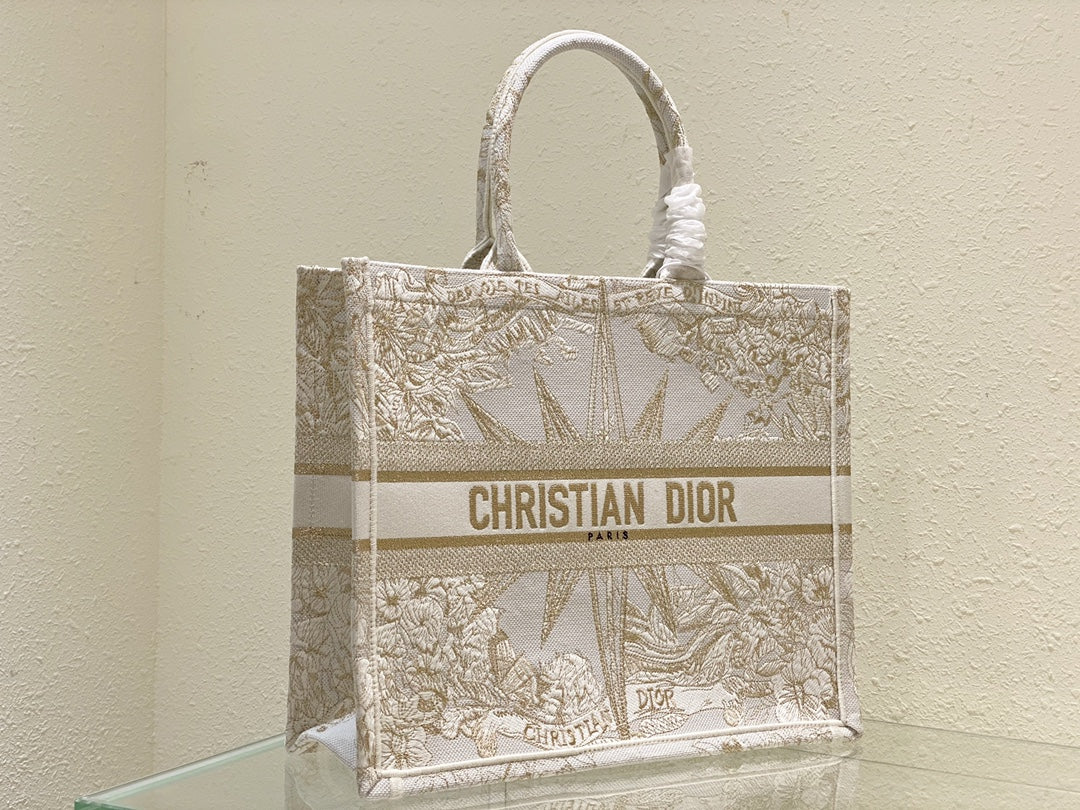 Christian Dior Medium Book Tote - Gold & White Rêve d'Infini Embroidered Canvas