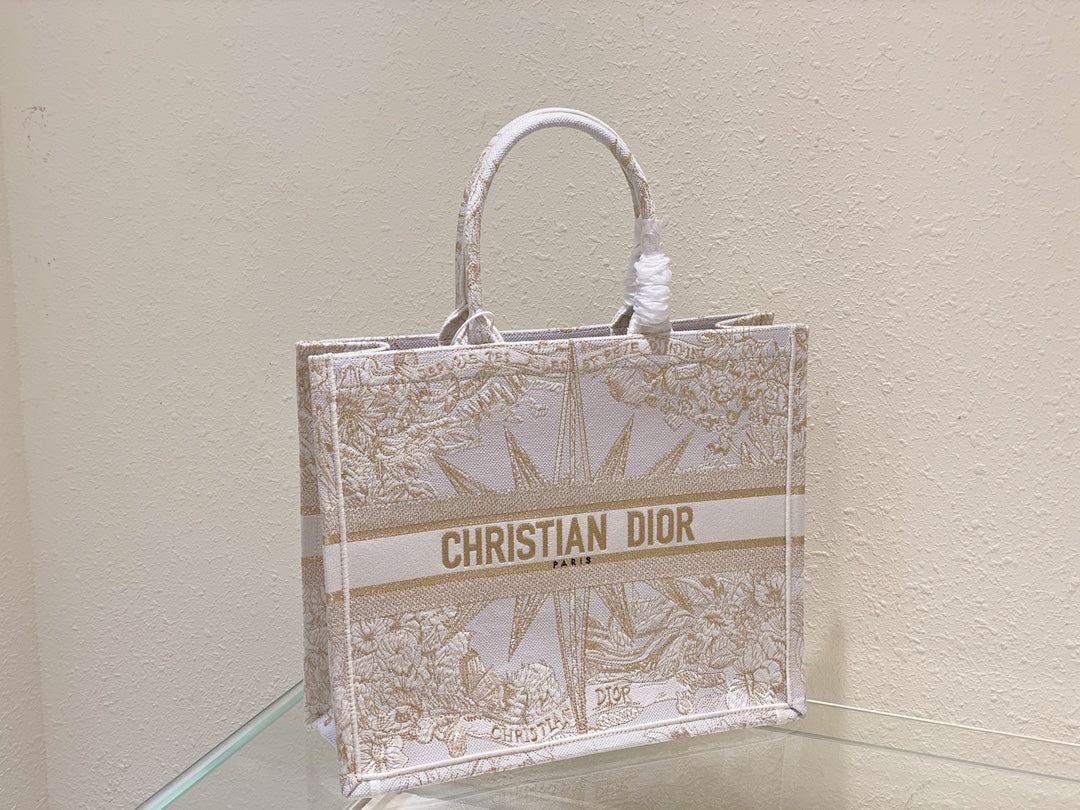 Christian Dior Medium Book Tote - Gold & White Rêve d'Infini Embroidered Canvas