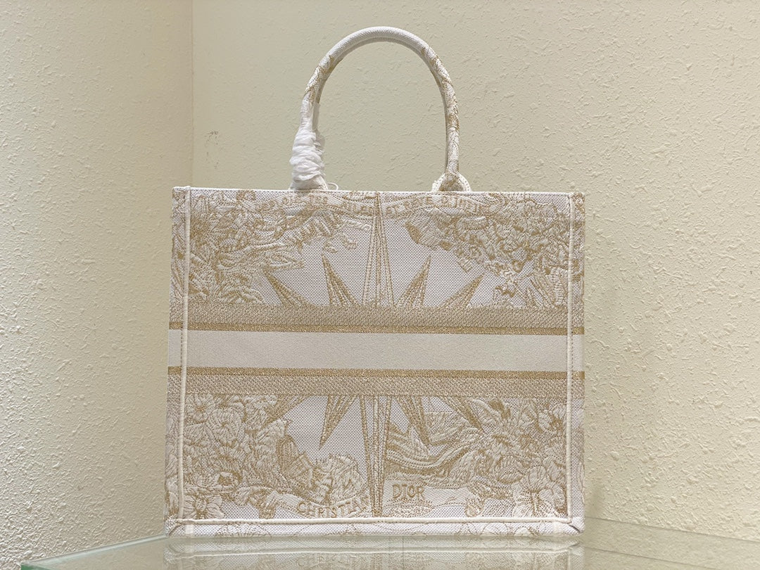 Christian Dior Medium Book Tote - White and Gold-Tone Dior Constellation Embroidery