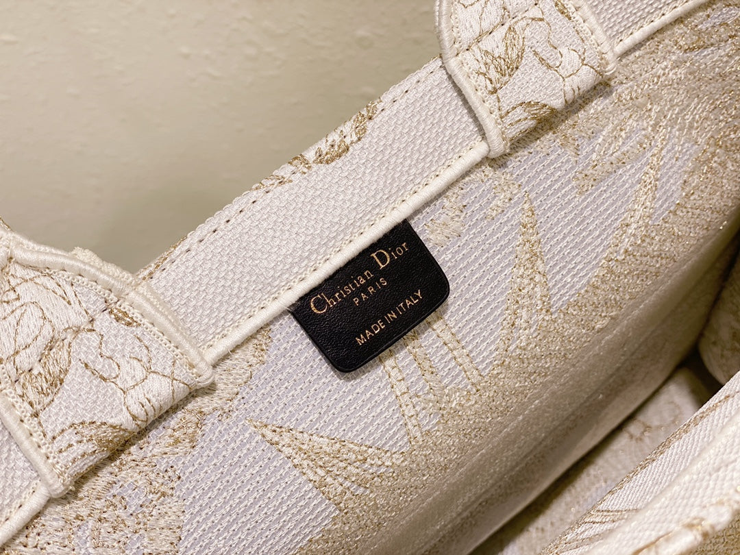 Christian Dior Book Tote Bag - White and Gold Toile de Jouy Zodiac Embroidery
