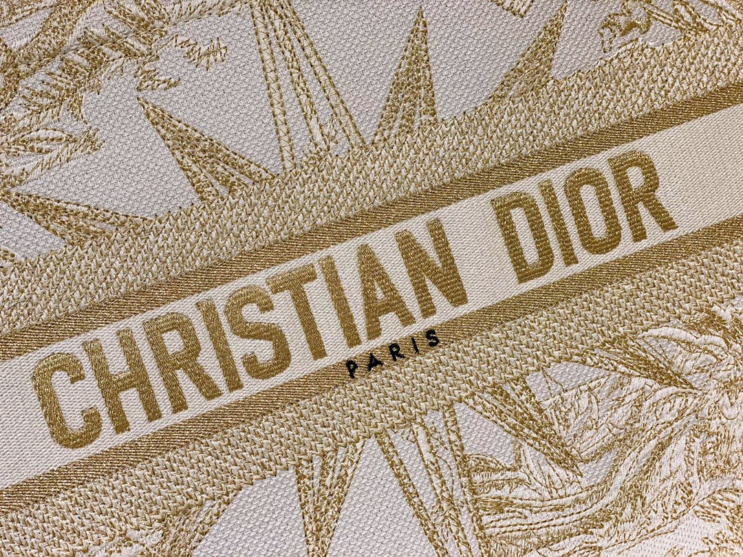 Christian Dior Book Tote Bag - White and Gold Toile de Jouy Zodiac Embroidery
