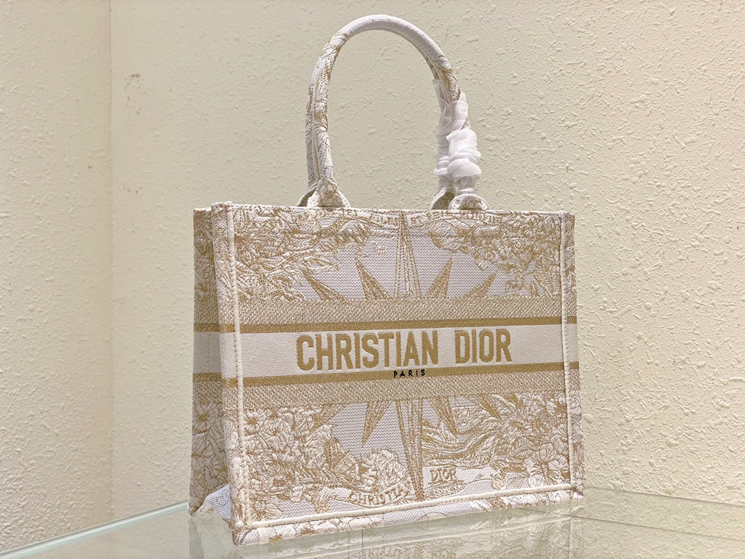 Christian Dior Book Tote Beige and White Toile de Jouy Embroidery