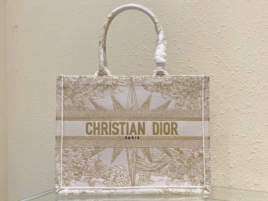 Christian Dior Book Tote Bag - White and Gold Toile de Jouy Zodiac Embroidery
