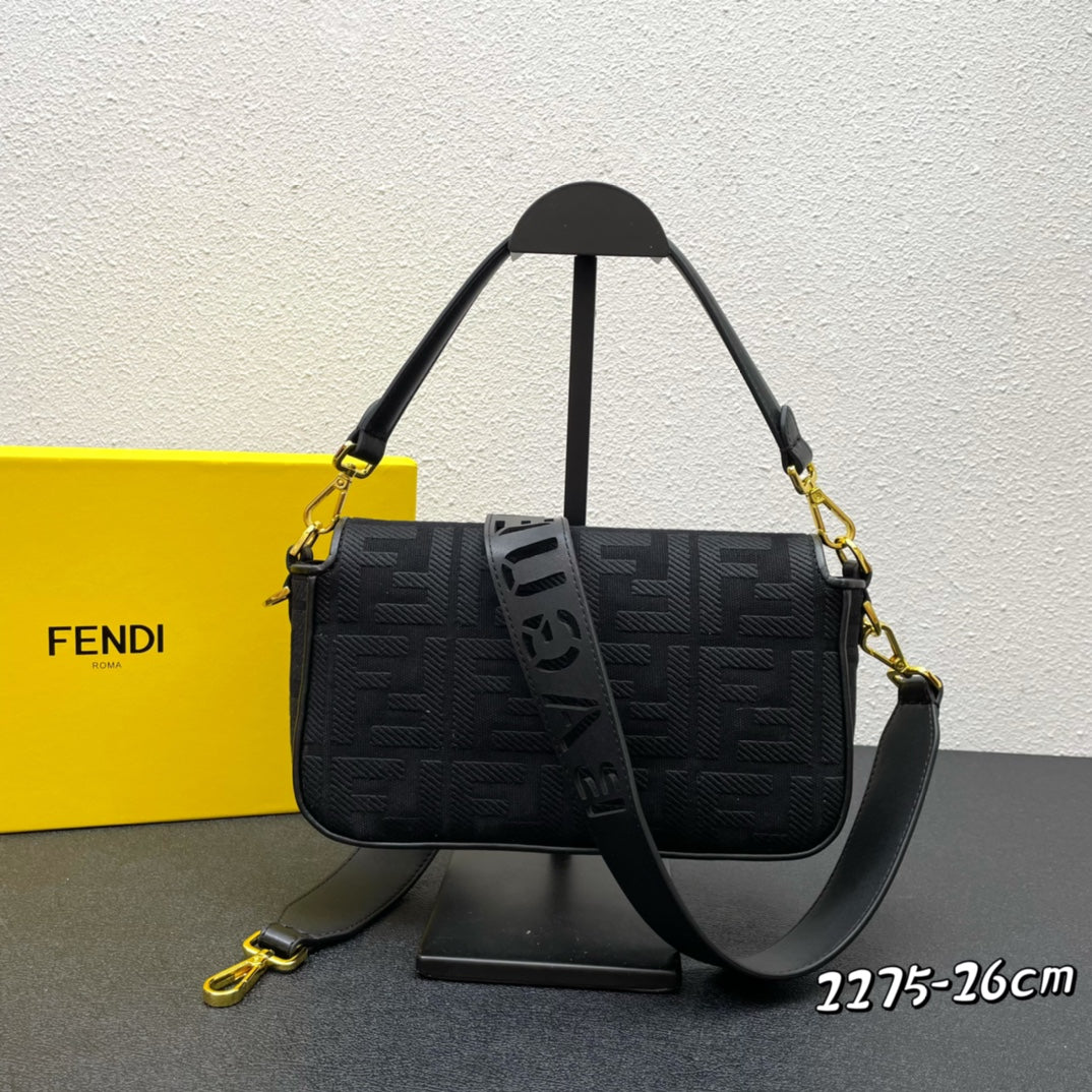 Fendi Baguette Black Embossed FF Fabric Bag with Gold-Finish Clasp