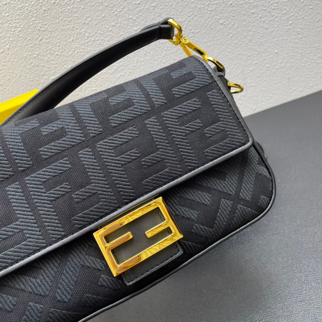 Fendi Baguette Black Embossed FF Fabric Bag with Gold-Finish Clasp