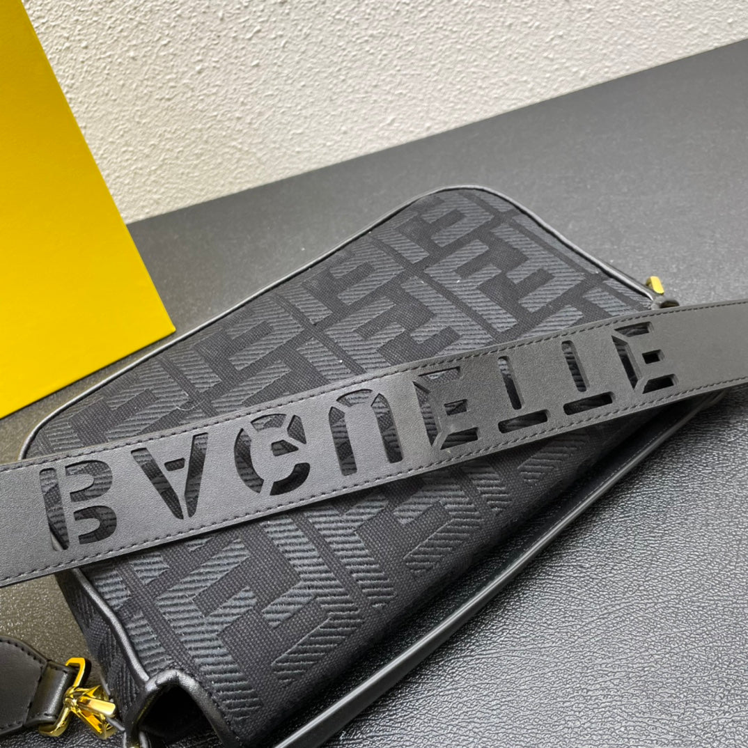 Fendi Baguette Black Embossed FF Fabric Bag with Gold-Finish Clasp