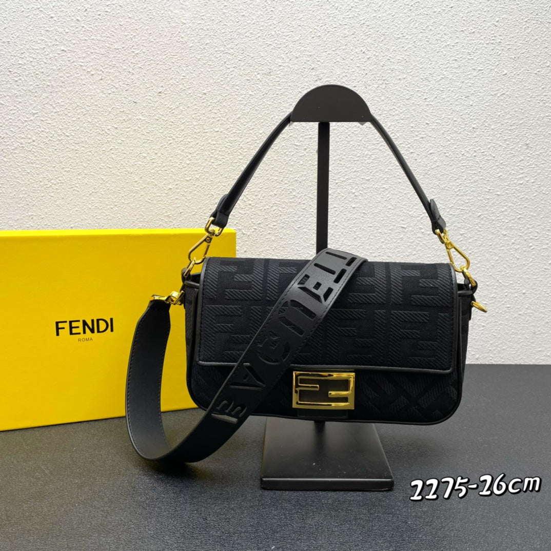 Fendi Baguette Black Embossed FF Fabric Bag with Gold-Finish Clasp