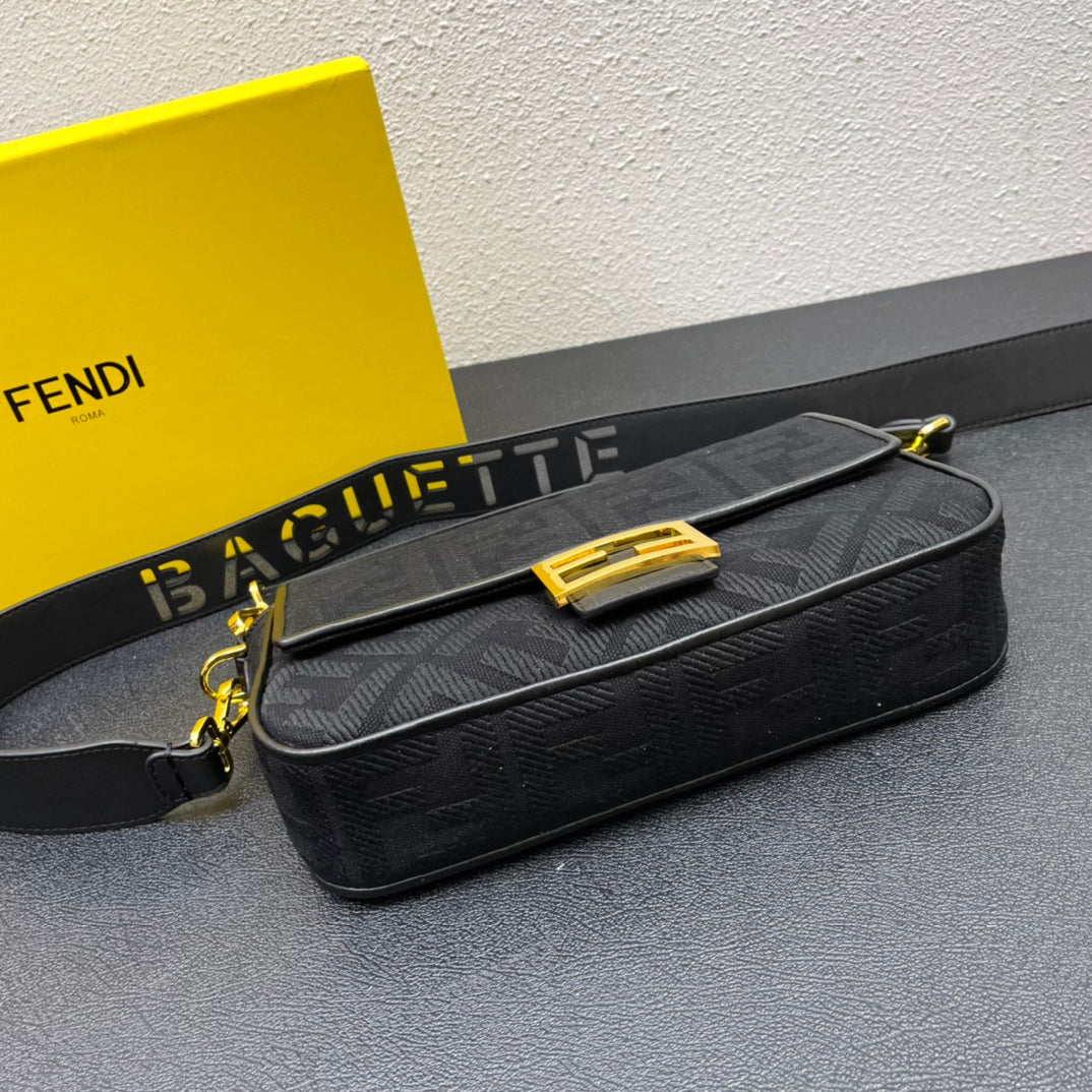 Fendi Baguette Black Embossed FF Fabric Bag with Gold-Finish Clasp