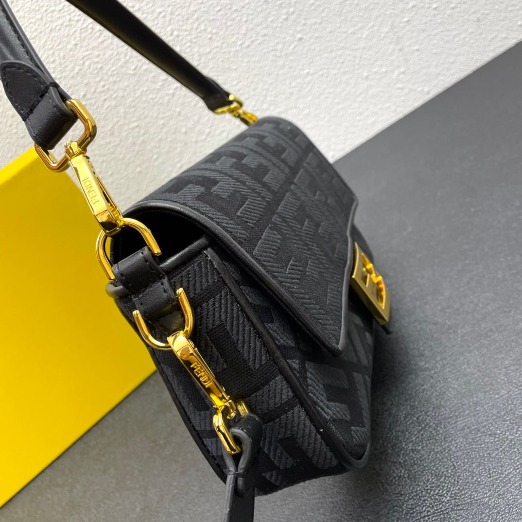 Fendi Baguette Black Embossed FF Fabric Bag with Gold-Finish Clasp