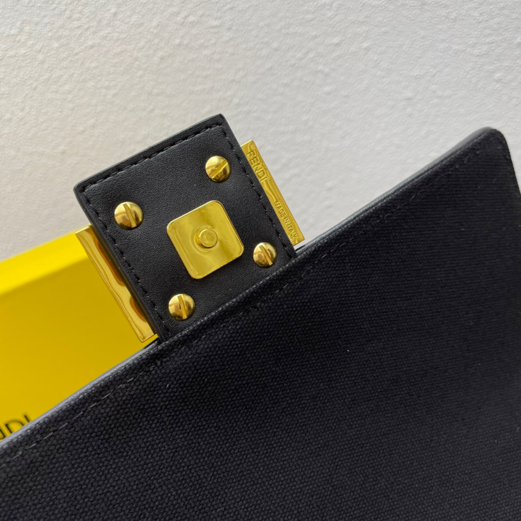 Fendi Baguette Black Embossed FF Fabric Bag with Gold-Finish Clasp