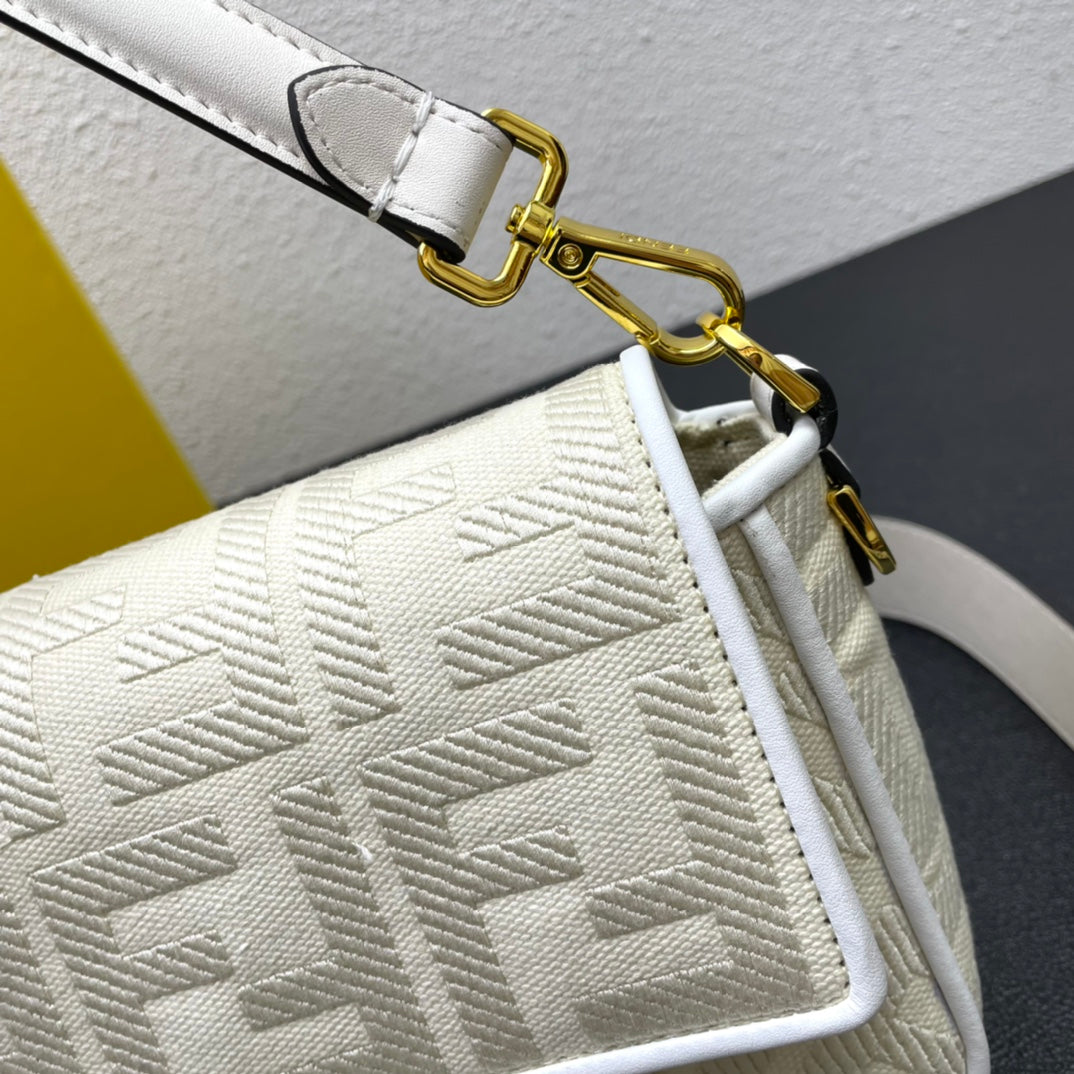 Fendi Baguette Bag - Cream FF Embossed Canvas with Gold Hardware - 26cm