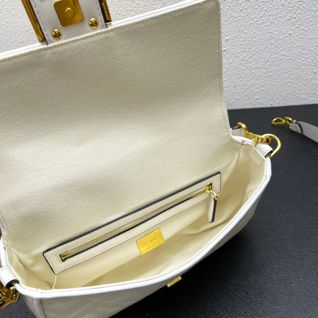 Fendi Baguette Bag - Cream FF Embossed Canvas with Gold Hardware - 26cm