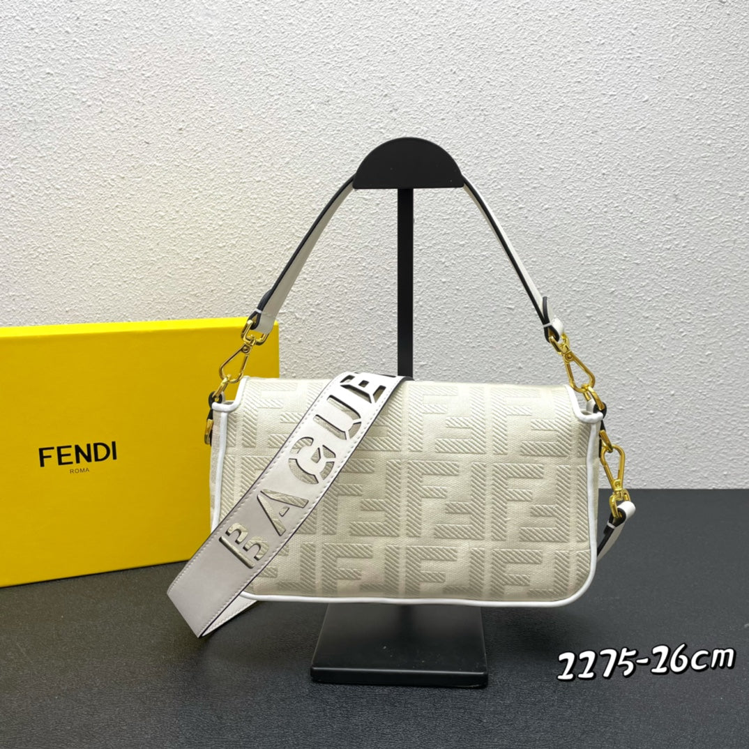 Fendi Baguette Bag - Cream FF Embossed Canvas with Gold Hardware - 26cm
