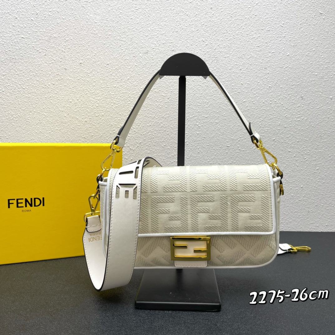 Fendi Baguette Bag - Cream FF Embossed Canvas with Gold Hardware - 26cm