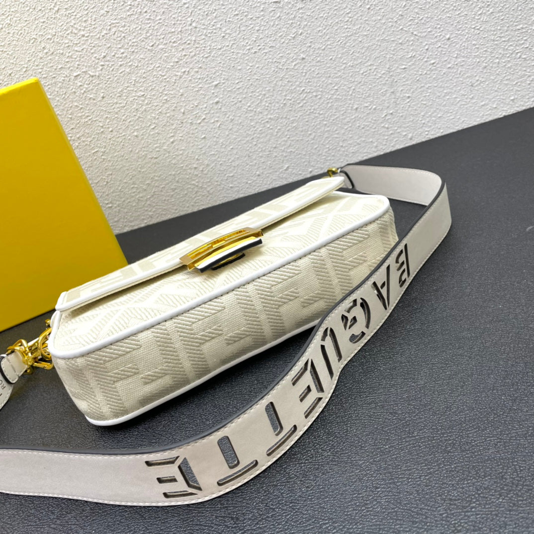Fendi Baguette Bag - Cream FF Embossed Canvas with Gold Hardware - 26cm
