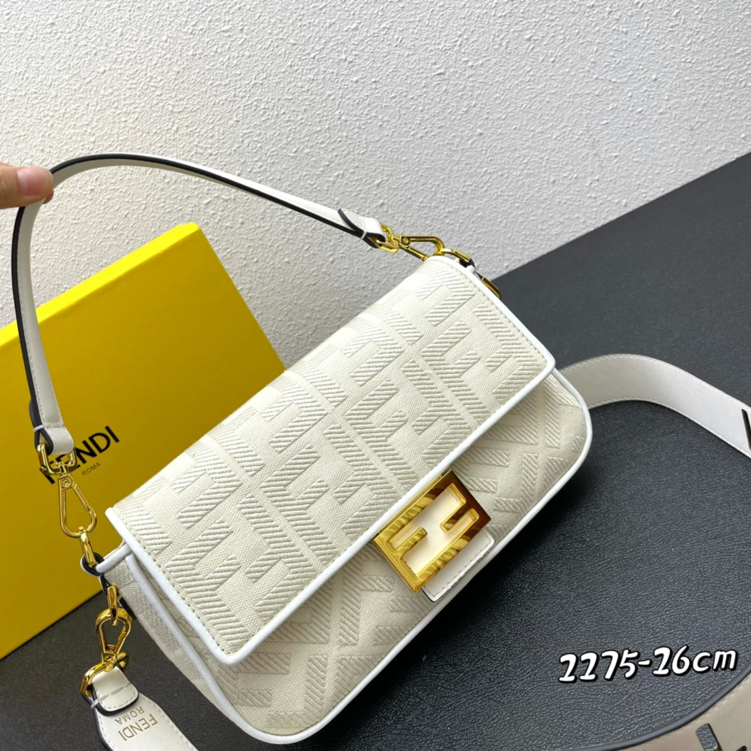 Fendi Baguette Bag - Cream FF Embossed Canvas with Gold Hardware - 26cm