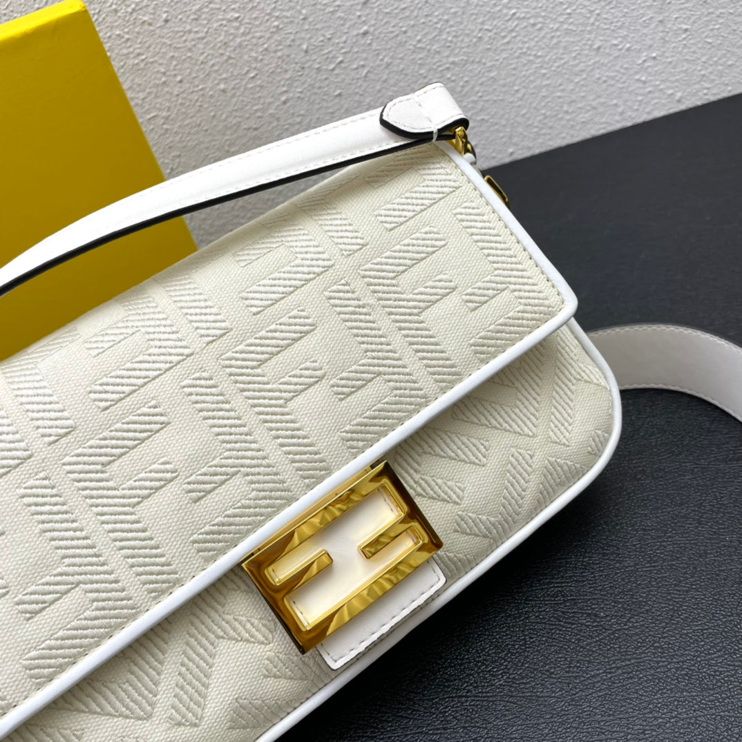 Fendi Baguette Bag - Cream FF Embossed Canvas with Gold Hardware - 26cm