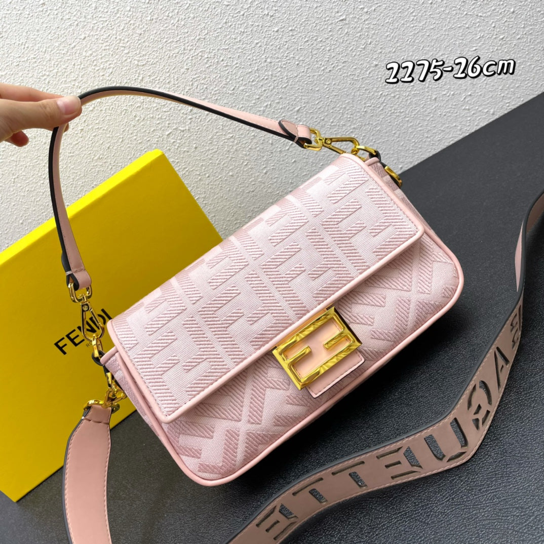 Fendi Pink FF Motif Fabric Baguette Bag with Gold Hardware - 26cm