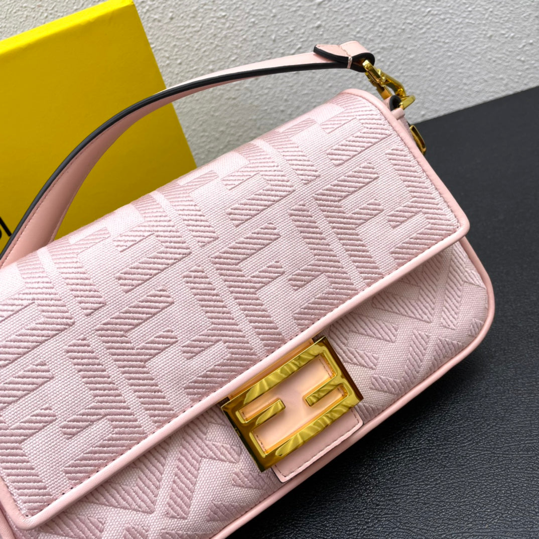 Fendi Pink FF Motif Fabric Baguette Bag with Gold Hardware - 26cm