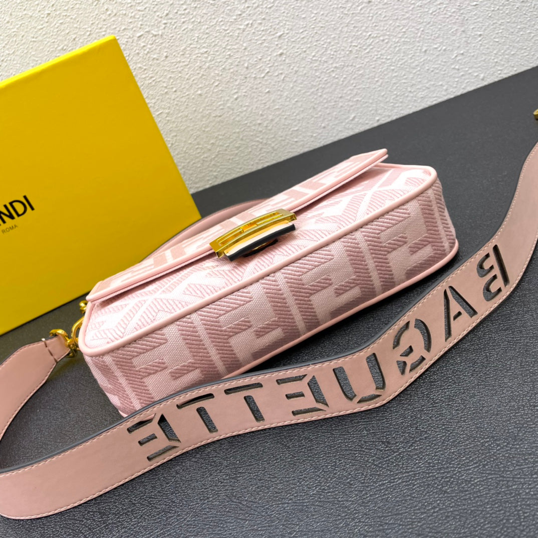 Fendi Pink FF Motif Fabric Baguette Bag with Gold Hardware - 26cm