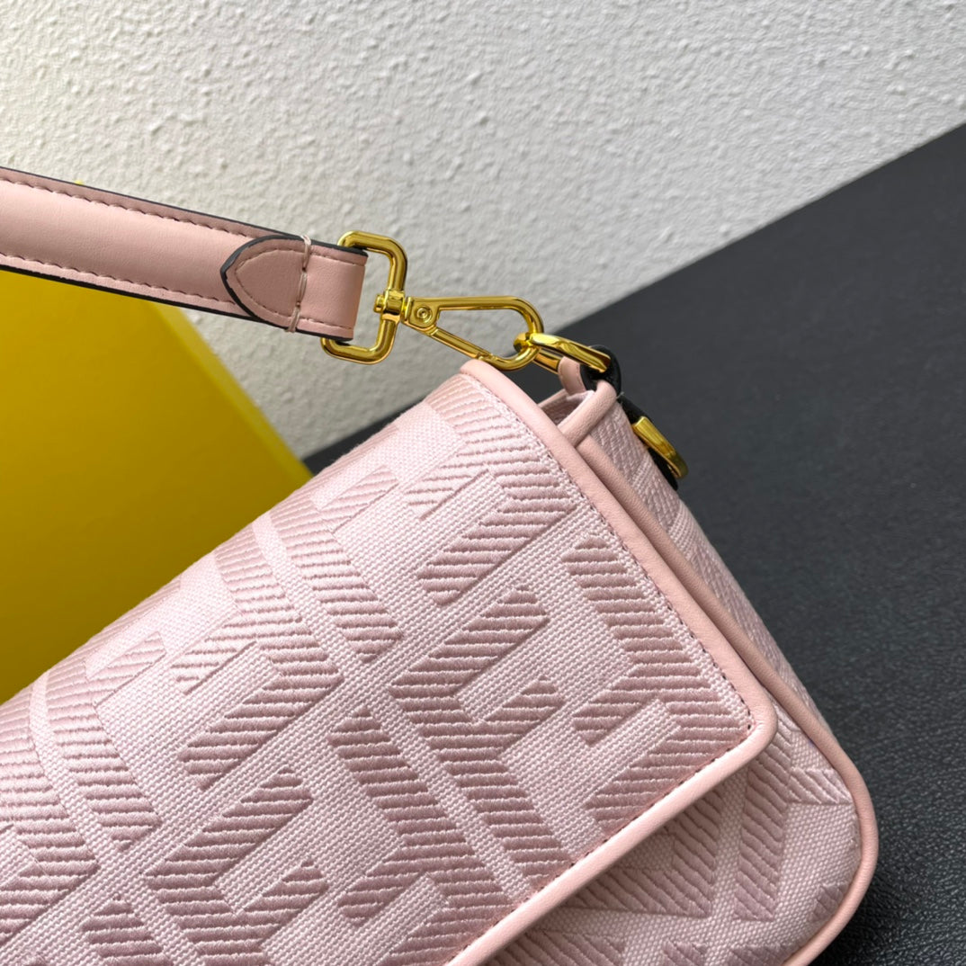 Fendi Pink FF Motif Fabric Baguette Bag with Gold Hardware - 26cm