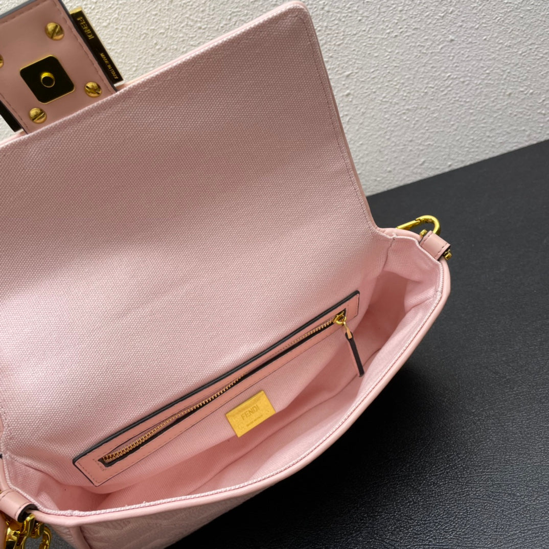 Fendi Pink FF Motif Fabric Baguette Bag with Gold Hardware - 26cm