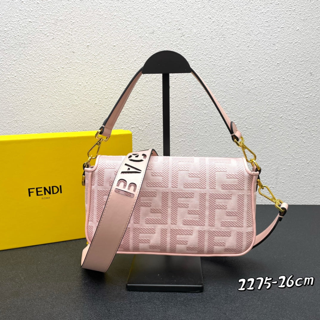 Fendi Pink FF Motif Fabric Baguette Bag with Gold Hardware - 26cm