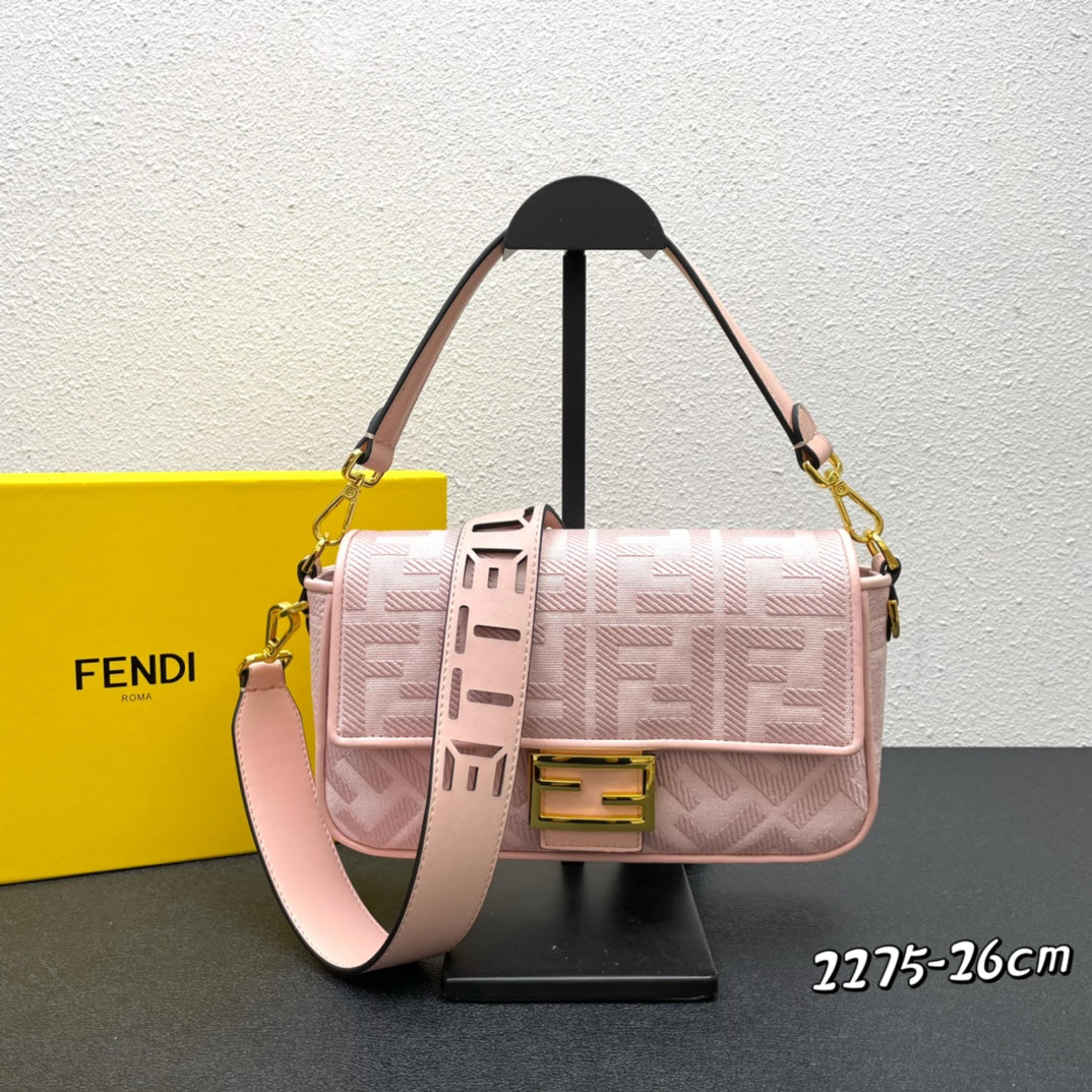 Fendi Pink FF Motif Fabric Baguette Bag with Gold Hardware - 26cm
