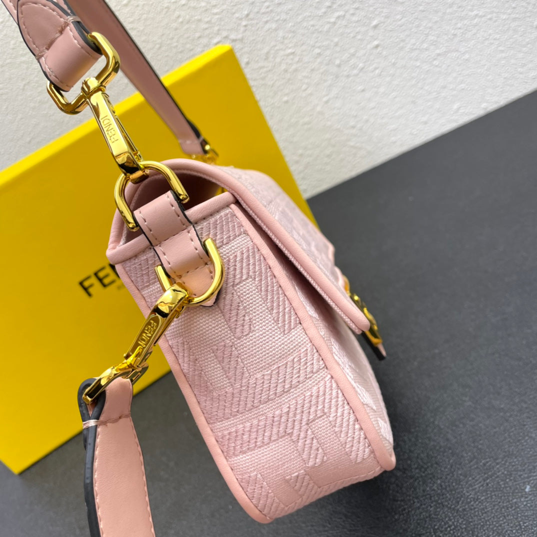 Fendi Pink FF Motif Fabric Baguette Bag with Gold Hardware - 26cm