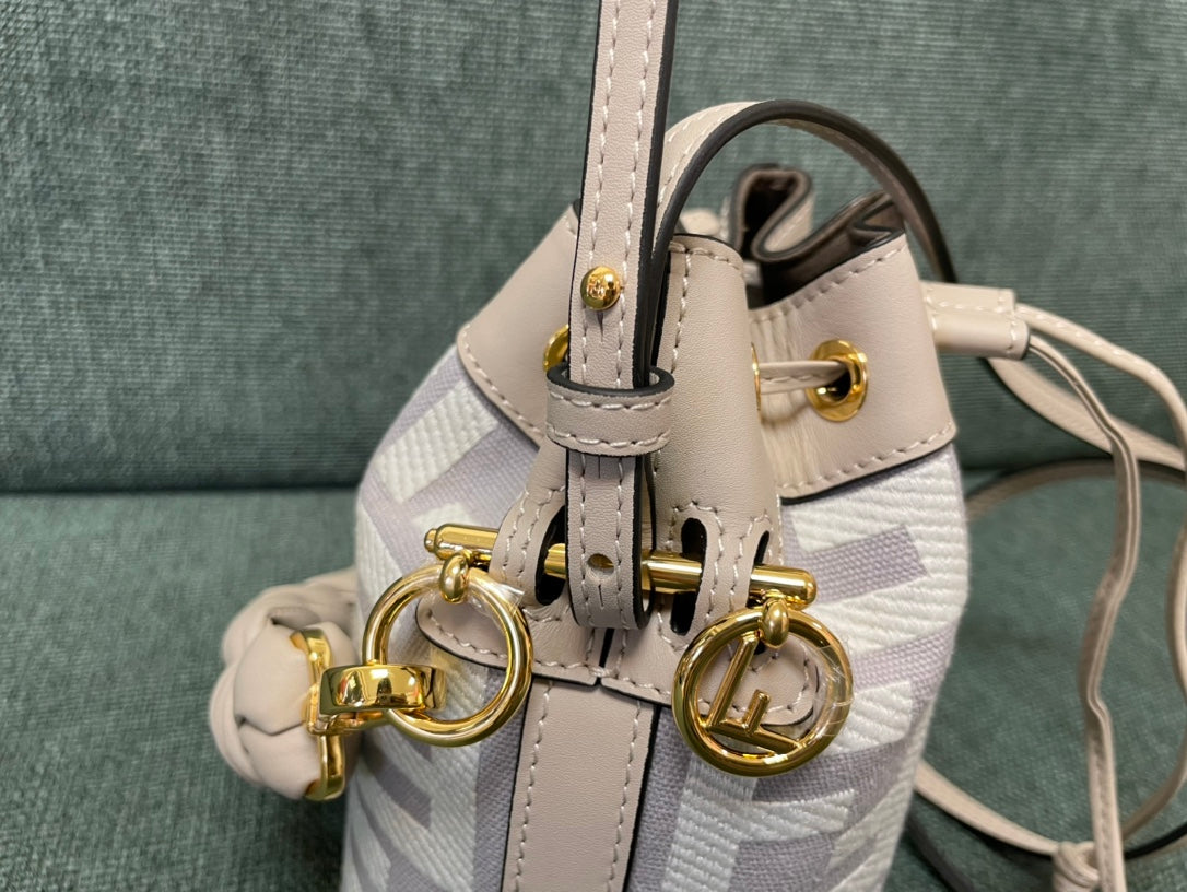 Fendi Mon Tresor Mini Bucket Bag in White and Grey FF Canvas with Braided Handle