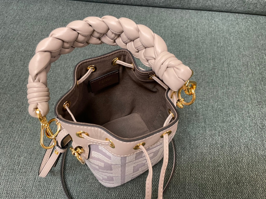 Fendi Mon Tresor Mini Bucket Bag in White and Grey FF Canvas with Braided Handle