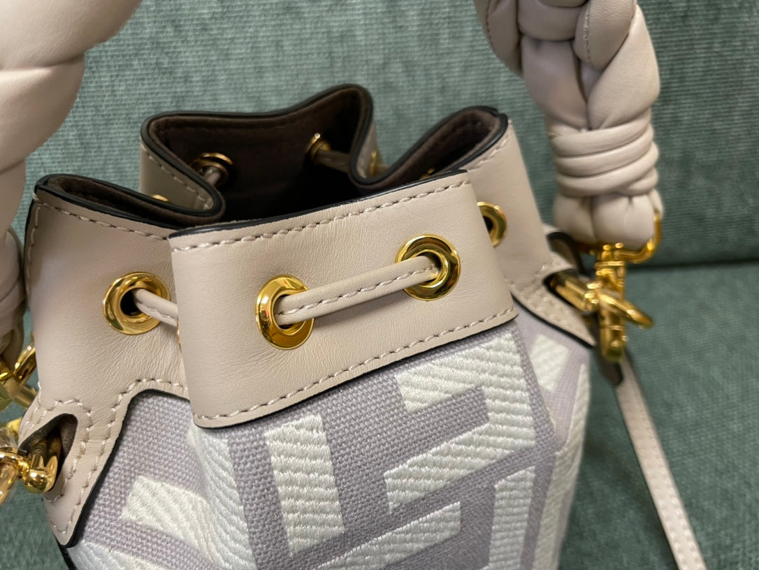 Fendi Mon Tresor Mini Bucket Bag in White and Grey FF Canvas with Braided Handle