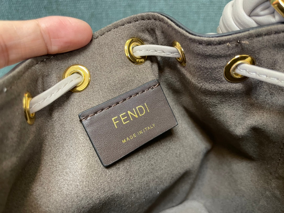 Fendi Mon Tresor Mini Bucket Bag in White and Grey FF Canvas with Braided Handle