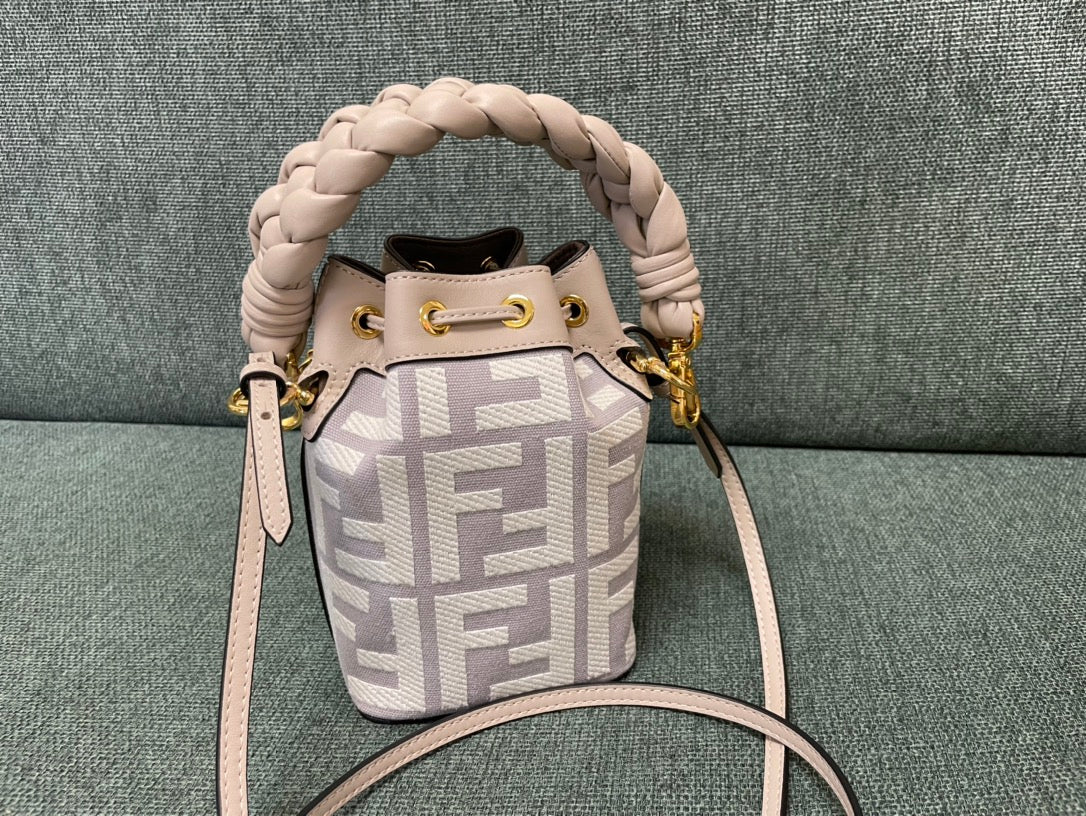 Fendi Mon Tresor Mini Bucket Bag in White and Grey FF Canvas with Braided Handle